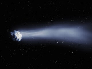 Comet tail, glowing comet flies in space against the background of stars.