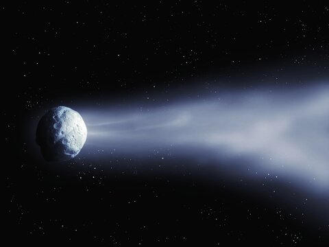 Comet tail, glowing comet flies in space against the background of stars 3d rendering. © Nazarii