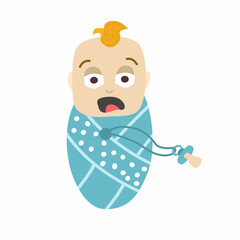 The newborn baby has lost a pacifier and is screaming. Illustration of a cute newborn baby boy