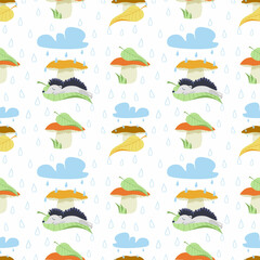 Vector autumn seamless pattern with mushrooms, hedgehog character, leaves, clouds and raindrops. A cute hedgehog sleeps under a mushroom in the rain. Autumn theme for printing on fabric