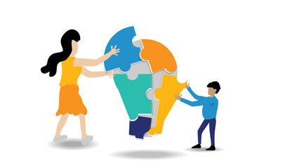 People help each other to jigsaw the light bulb. Show additional ideas for success represents teamwork