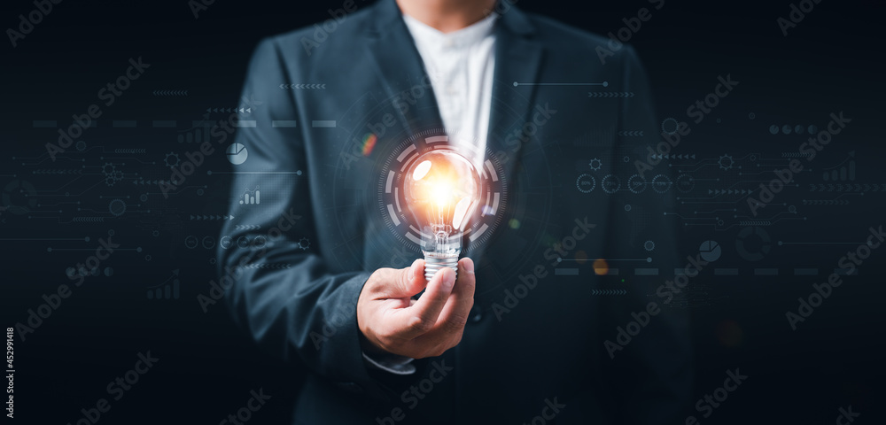 Aufkleber man holding light bulbs with digital connection line outside. creative and innovation inspiration. b