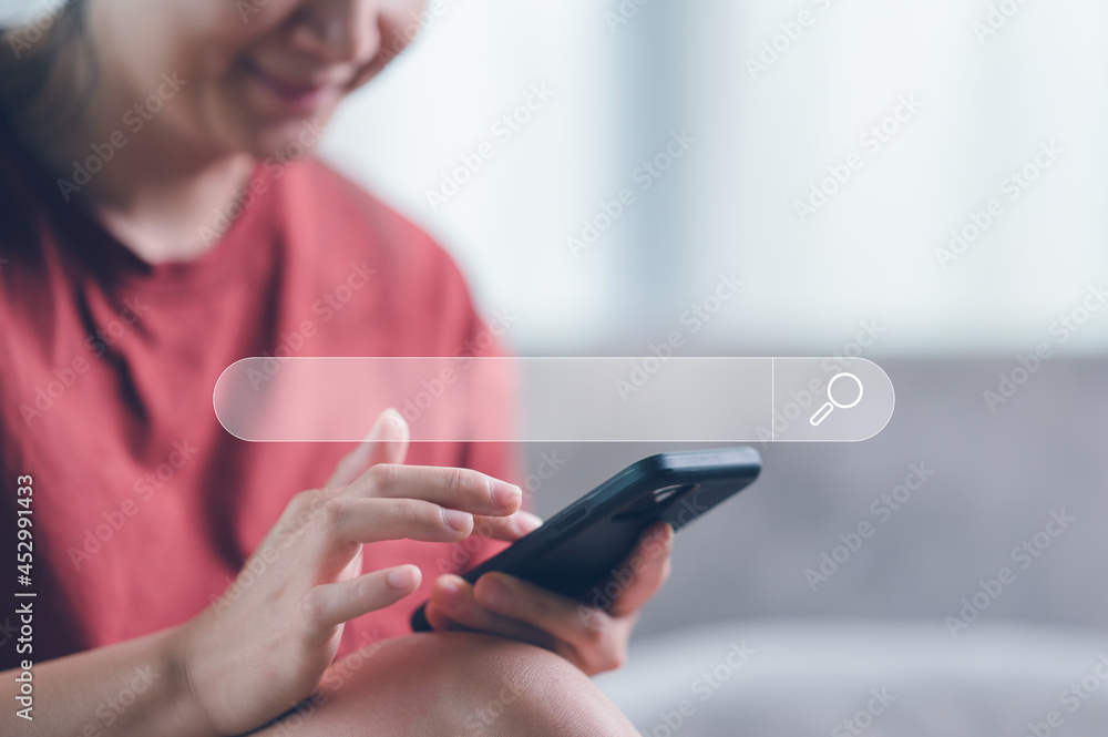 Poster Searching Browsing Internet Data Information Networking, Women use smartphones to Searching information data on internet networking, copy space.