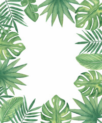 Watercolor Tropical Leaves Clipart, Jungle Greenery Frame, Foliage, Palm Leaves Wreath Illustration, Monstera, Wedding Invites, Baby Shower