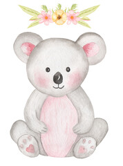 Little Koala Clipart, Watercolor Tropical Bear Animal, Summer clip art, Exotic Floral, Bouquet, Baby shower, Birthday Party Card making