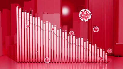 3d render. Red abstract graph of the descending columns or bars around which coronaviruses like covid-19 fly. The concept of decline, slowing economic growth amid a pandemic.