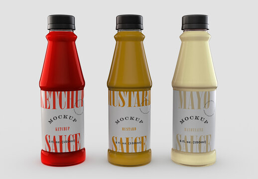 Three Glossy Sauce Bottle Mockup