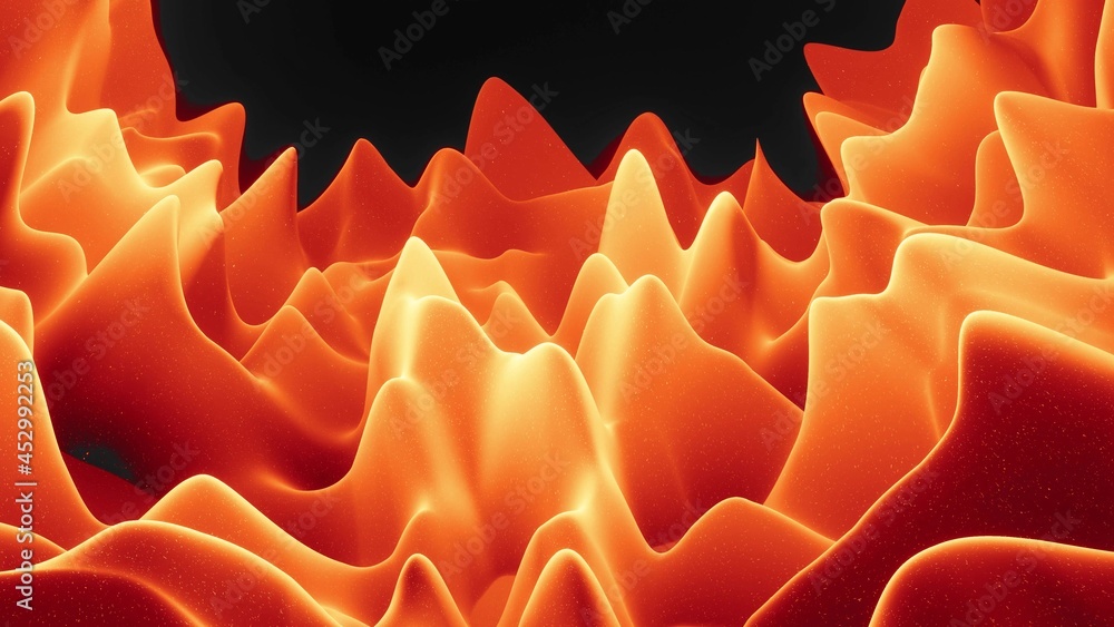 Poster 3d render. beautiful abstract 3d surface with glitter sparkles, abstract 3d waves on surface. red or