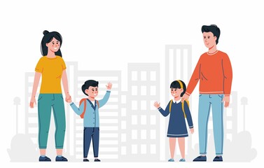 Back to School. Parents, mother and Father with kids go to the 1st school day. Meeting of happy Pupils schoolchildren with schoolbag. Primary School Kids. Bright family Flat vector illustration 