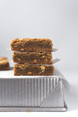 Fudgy blondies with a crunchy top, brown sugar blondies, white chocolate blondies