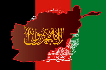 Calligraphic writing of Taliban Shahada Islamic Republic of Afghanistan on an outline map. Map on...
