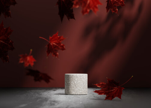 3D Background, Gray Stone Pedestal Podium On Natural Shadow, Leaf Falling , Burgundy Red Autumn Backdrop. Product Promotion Beauty Cosmetics Display. Studio Minimal Concrete Showcase Stand 3D Render 