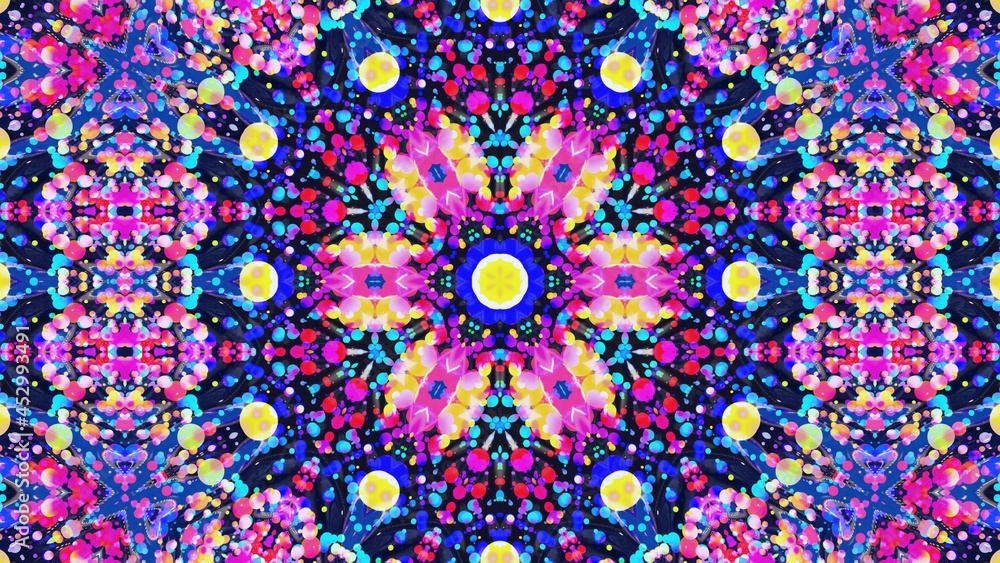 Poster star symmetry. kaleidoscope effect from wavy shiny liquid surface with distorted circles like drops 