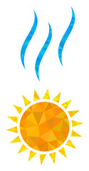 Low-poly sun warm combined with randomized filled triangles. Triangle sun warm polygonal icon illustration. Sun Warm icon is filled with triangles.