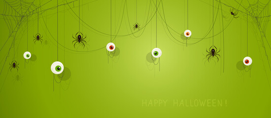 Green Halloween Banner with Eyes and Spiders