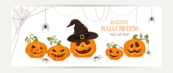 Halloween Banner with Set of Pumpkins and Spiders