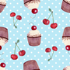 Watercolor cherry cupcake seamless pattern on blue background