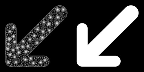 Magic mesh vector arrow down left with glow effect. White mesh, bright spots on a black background with arrow down left icon. Mesh and glare elements are placed on different layers.