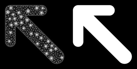 Glossy mesh vector arrow up left with glow effect. White mesh, bright spots on a black background with arrow up left icon. Mesh and lightspot elements are placed on different layers.