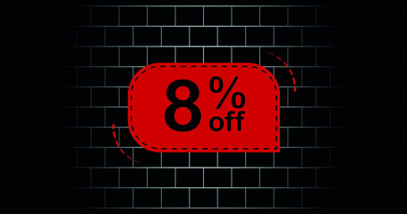 Red balloon 8% off - black brick background.