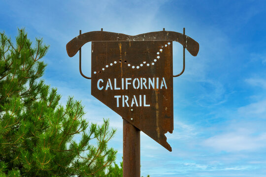 California Trail marker traces the California Emigrant Trail. - Winnemucca, Nevada, USA - 2021