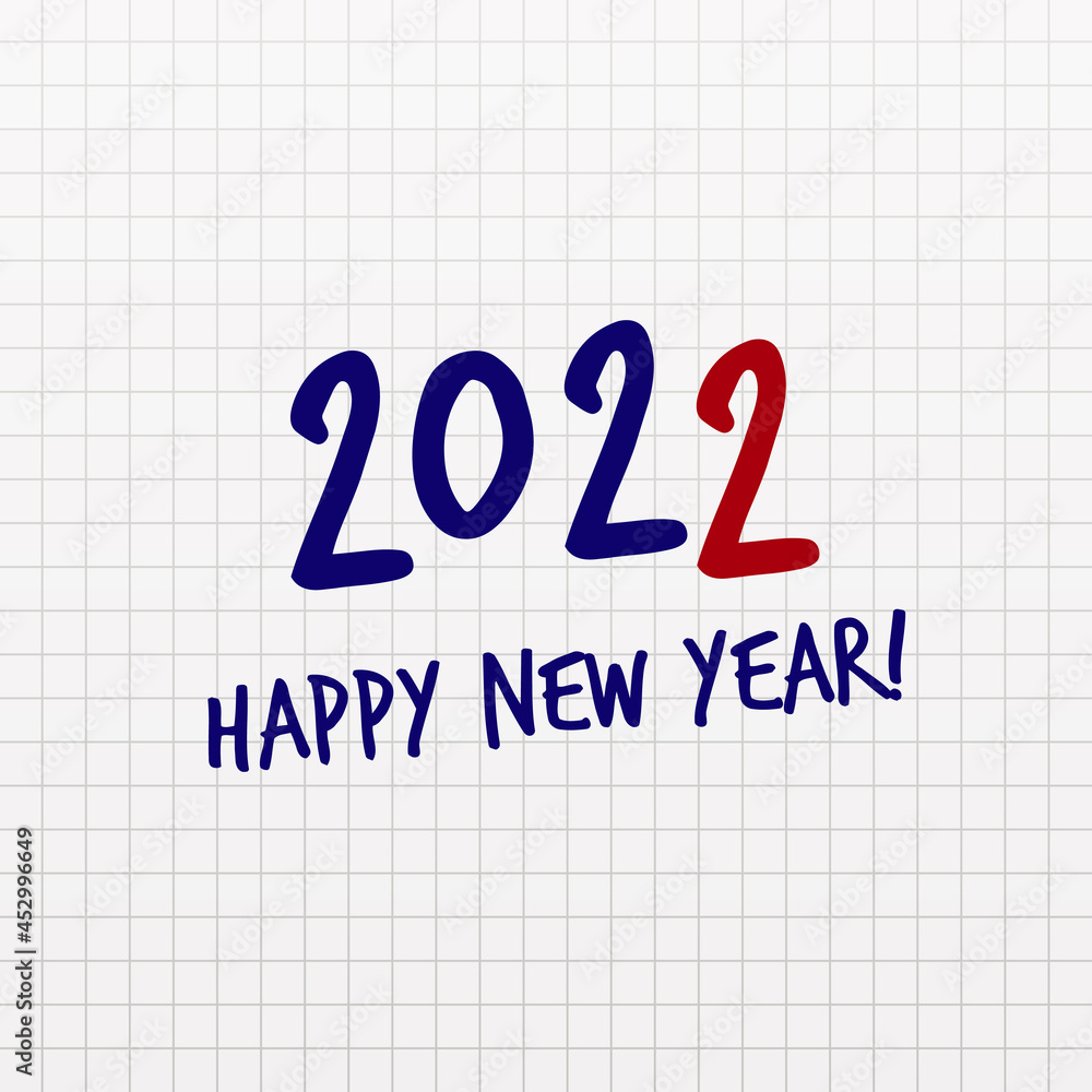 Poster happy new year 2022 text numbers on notebook page, paper office empty sheet cell pattern, note page 