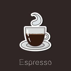Hot Coffee Espresso in a glass cup. Flat vector illustration for cafe menu, sticker, icons, card, poster, tag, scrapbooking.