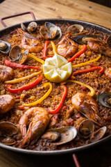 traditional seafood paella with shrimp and mussel