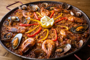 traditional seafood paella with shrimp and mussel