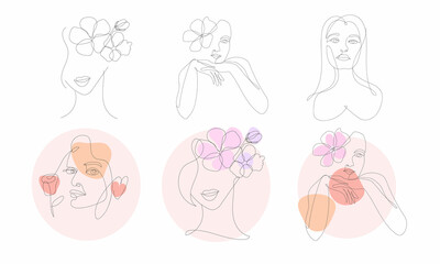 A set of woman portrait with flower, one line art. Girl face sketch, vector illustration, isolated on white background