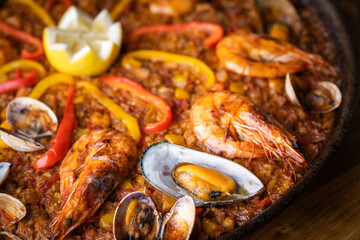 traditional seafood paella with shrimp and mussel