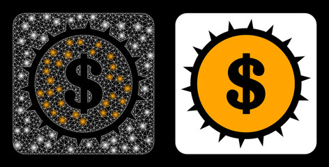 Glossy mesh vector dollar box with glow effect. White mesh, glare spots on a black background with dollar box icon. Mesh and glare elements are placed on different layers.