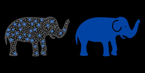 Bright mesh vector elephant with glare effect. White mesh, bright spots on a black background with elephant icon. Mesh and lightspot elements are placed on different layers.