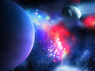 Planet in deep space. Asteroid is approaching the planet. Earth-like exoplanet, beautiful alien world. Cosmos with nebula and stars.
