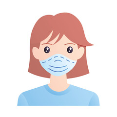 Girl or young woman wearing face medical protective mask isolated vector icon, COVID-19 pandemic or flu virus epidemic, allergy, air pollution protection.