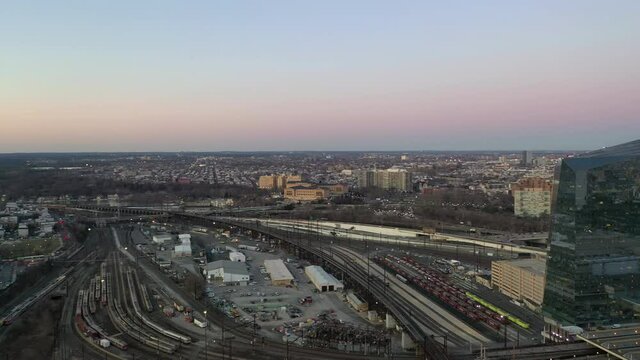 Aerial view of the Philadelphia skyline at sunset.
