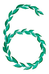 Watercolor hand drawn number 6 of green leaves isolated on a white background. Floral style.