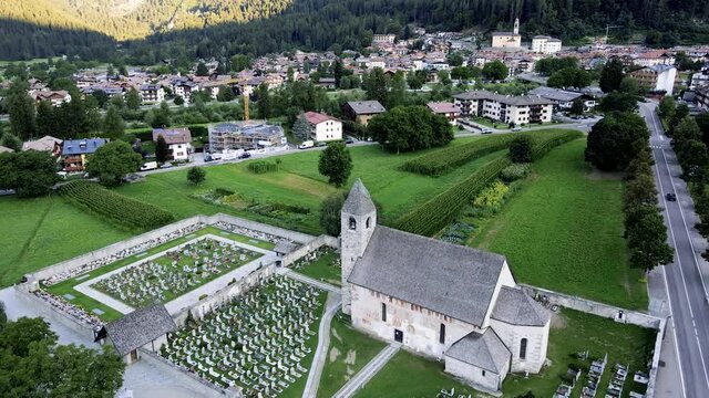 Aerial Drone - Church of San Vigilio MCCXXXII D.C - Pinzolo Dolomites Italy