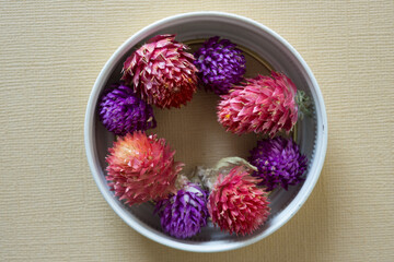Gomphrena globosa or globe amaranth arranged inside a metal ring-lid on a beige background