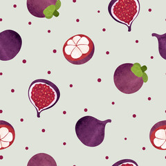 Tropical fruit pattern with watercolor mangosteen and fig. Food background.
