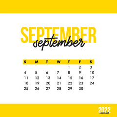 September 2022 calendar. Calendar sticker design template. Week starts on Sunday. Business vector illustration
