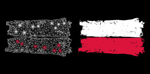 Glamour mesh vector Poland flag with glow effect. White mesh, flash spots on a black background with Poland flag icon. Mesh and glowing elements are placed on different layers.