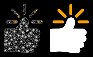 Bright mesh vector shining thumb with glare effect. White mesh, light spots on a black background with shining thumb icon. Mesh and glowing elements are placed on different layers.