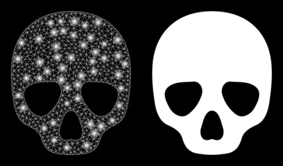 Glamour mesh vector skull with glare effect. White mesh, glare spots on a black background with skull icon. Mesh and lightspot elements are placed on different layers.