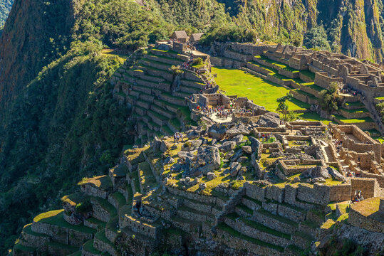 Machu Picchu aerial landscape with its main temples, Machu Picchu Historical Sanctuary, Cusco, Peru.
