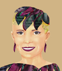 drawing modeled head showing fashionable purple dress earrings hat