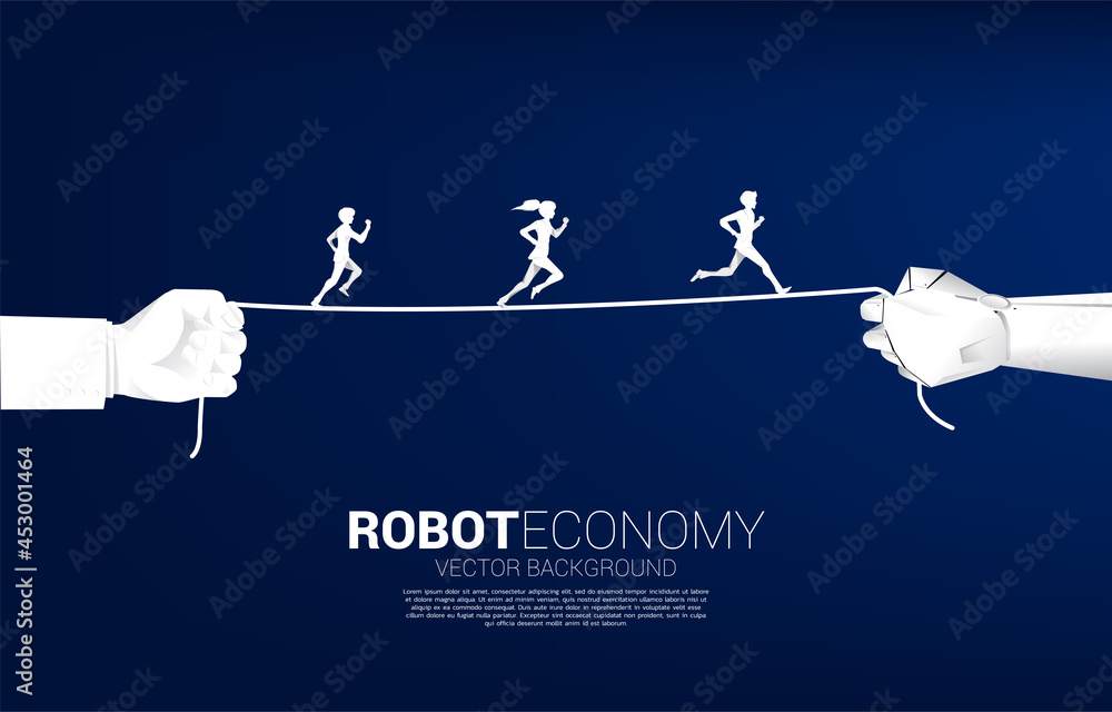 Poster silhouette of businessman and businesswoman running on rope in robot and human hand. concept of busi