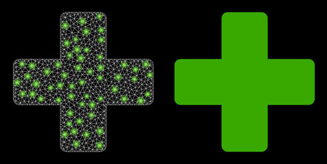 Obraz premium Bright mesh vector veterinary cross with glare effect. White mesh, glare spots on a black background with veterinary cross icon. Mesh and lightspot elements are placed on different layers.