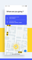 Design of the Mobile Application, UI, UX. GUI Taxi App with Login and Password input, and screens with Taxi Orders and Car Navigation in the City. GUI from set №1