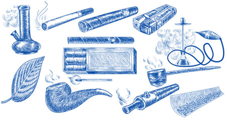 Smoking sketch set. Bong. cigarette, pack of cigars, lighter, hookah, tobacco leaf, pipe, vape. Highly detailed objects for advertising recreation and entertainment. - obrazy, fototapety, plakaty